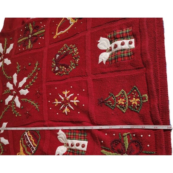 Vtg Kathy Lee Christmas Sweater Medium Retro Red Embroidered Holiday Ornaments - Picture 4 of 10